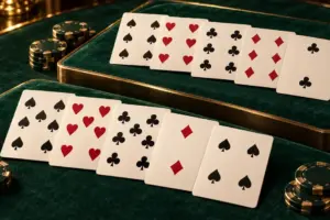 深緑と金の高級感ある台に、スリーカードとフォーカードを表すトランプの組み合わせとポーカーチップを並べた画像。