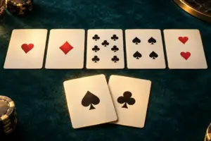 深い青緑のポーカーテーブルに、ナッツとなるエースのフォーカードを構成する手札と共通カード、黒と金のチップが並ぶ高級感のあるイメージ。