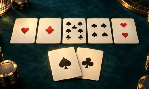 深い青緑のポーカーテーブルに、ナッツとなるエースのフォーカードを構成する手札と共通カード、黒と金のチップが並ぶ高級感のあるイメージ。