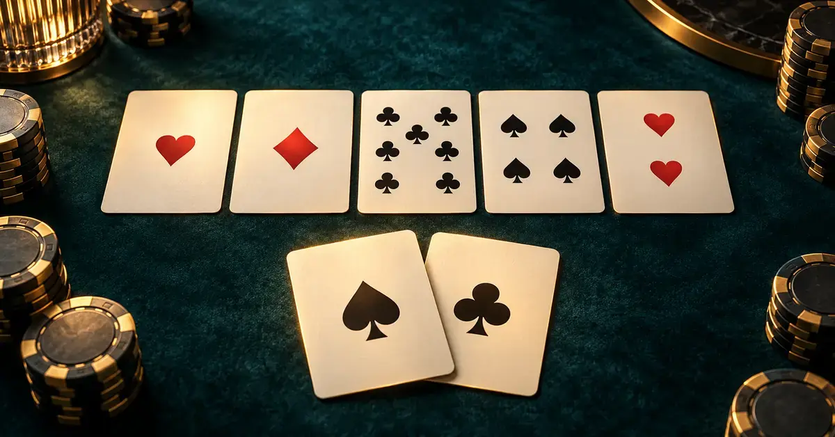 深い青緑のポーカーテーブルに、ナッツとなるエースのフォーカードを構成する手札と共通カード、黒と金のチップが並ぶ高級感のあるイメージ。