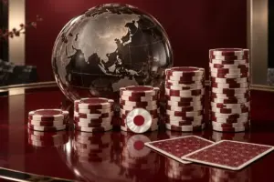 地球儀の前に高さの異なるポーカーチップと日の丸をあしらったメダリオンを配し、日本人選手の世界ランキングを象徴した高級感のある画像。