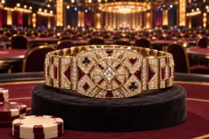 大規模なポーカー大会の会場を背景に、宝石をあしらった金色の優勝ブレスレットとチップを配したイメージ。